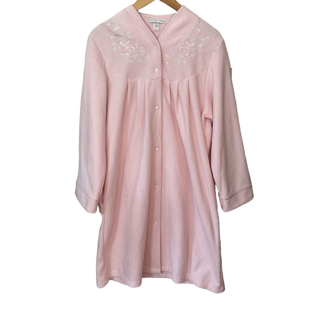 Miss Elaine Fleece Robe Housecoat Snap Front Pink Rose Embroidered Pockets M
